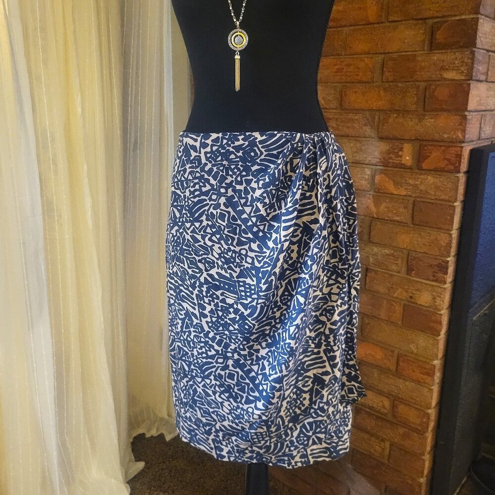 Saks Warm Blue/Cream Silk Wrap Skirt - Size L